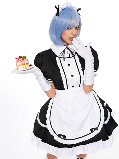 ROMWE Anime 1pc Maid Dress Set, Black & White Color Block, Puff Sleeve With Ruffle Apron, Delicate Lace & Bow Details, Fitted Silhouette, Suitable For Cosplay, Maid-Themed Parties, Photo Shoots