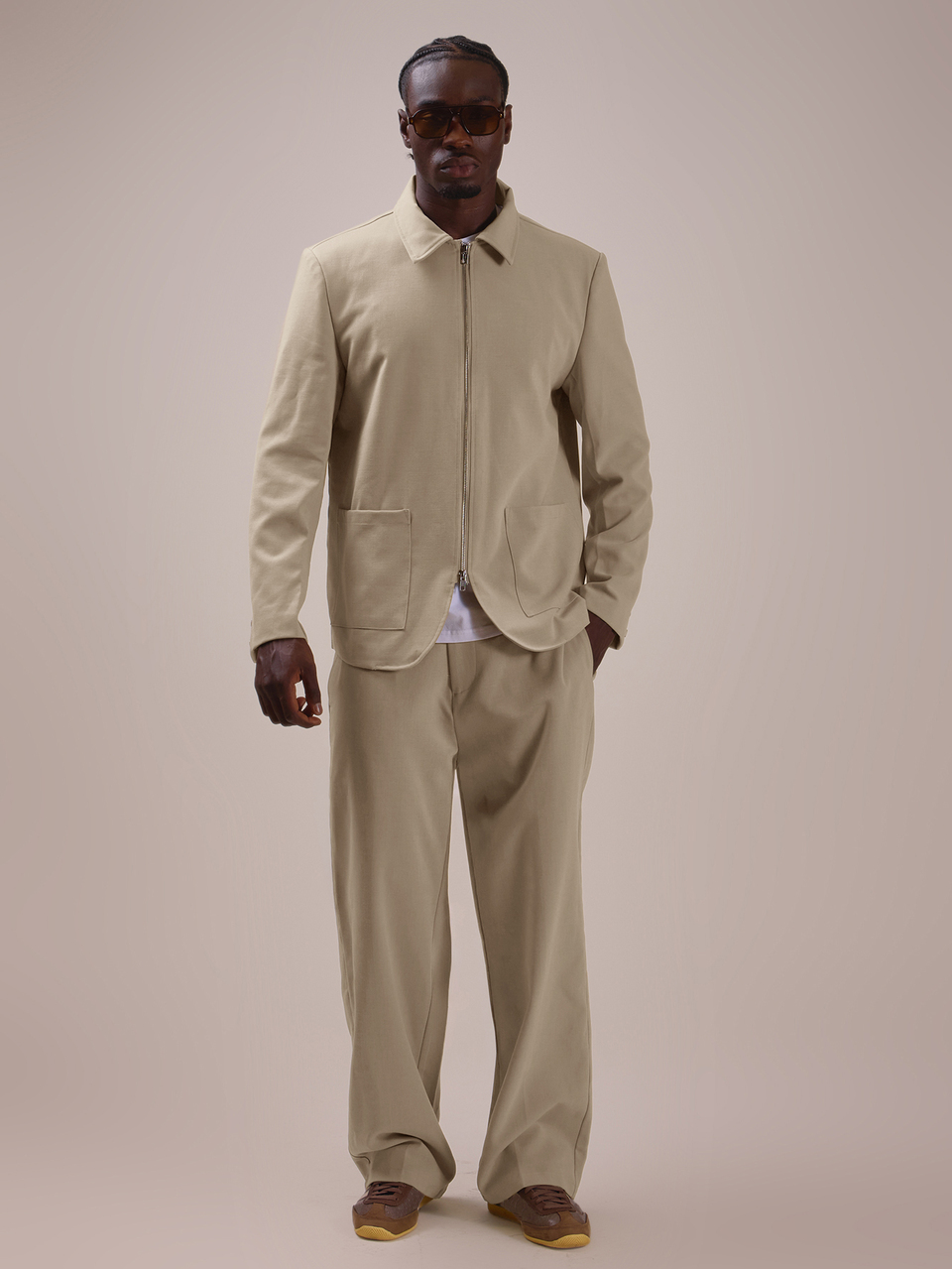 Set In Sleeve Blazer With Stand Collar Center Front Zip Buttoned Cuffs