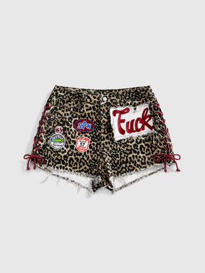 ROMWE Avant Shorts vaqueros mini ajustados sexy para mujer talla grande, estilo Y2K retro, tipo jersey deportivo ballet preppy, con eslogan, logo, parche bordado, cordones y estampado de leopardo