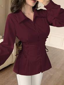 Modelyn 女式纯色束腰系带长袖抽绳衬衫 - 酒紅色 - 查看 5