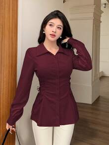 Modelyn 女式纯色束腰系带长袖抽绳衬衫 - 酒紅色 - 查看 4