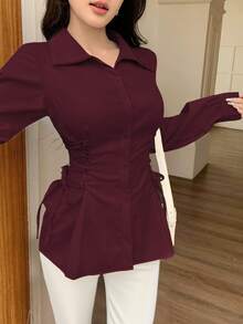 Modelyn 女式纯色束腰系带长袖抽绳衬衫 - 酒紅色 - 查看 3