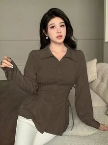 Modelyn 女士纯色系带单排扣衬衫领带抽绳时尚衬衫 - 棕色 - 查看 7