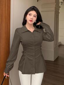 Modelyn 女士纯色系带单排扣衬衫领带抽绳时尚衬衫 - 棕色 - 查看 6