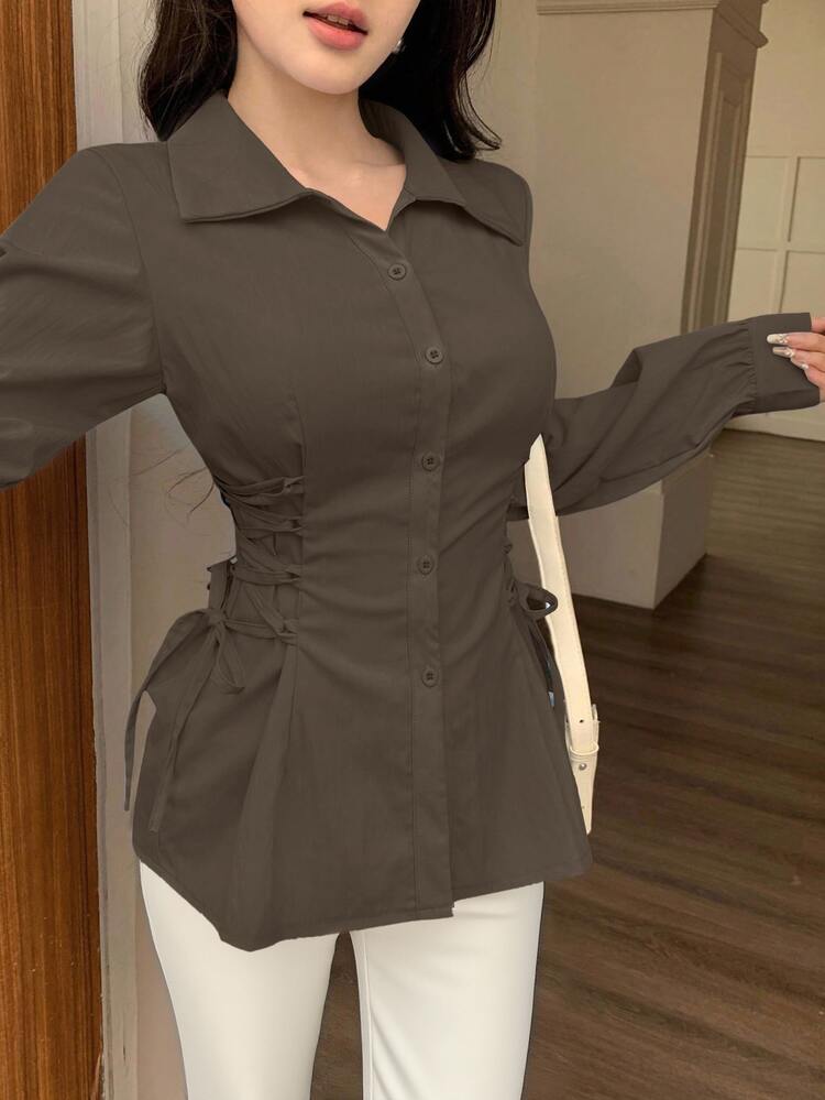 Modelyn Blusa de mujer de unicolor con cuello de camisa de un solo pecho, cordón ajustable y diseño de moda - Marrón - Añade 1