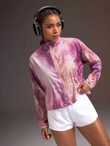 Powerista Women's Summer And Spring Tie Dye Zip Up Sports Jacket Stand Collar Long Sleeve Windbreaker Adjustable Waist Active Wear Suitable Sport And Running - Pink - View 4