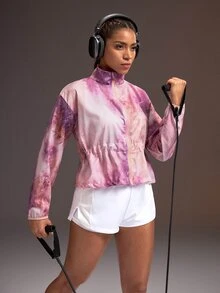 Powerista Women's Summer And Spring Tie Dye Zip Up Sports Jacket Stand Collar Long Sleeve Windbreaker Adjustable Waist Active Wear Suitable Sport And Running - Pink - View 6