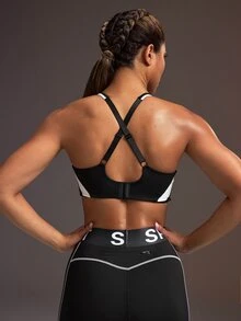Powerista Women's Summer Gym And Workout Athletic White And Black Color Block Sports Bra With Adjustable Straps .Made From Breathable Fabric. - Black and White - View 6
