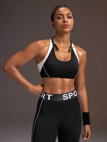 Powerista Women's Summer Gym And Workout Athletic White And Black Color Block Sports Bra With Adjustable Straps .Made From Breathable Fabric. - Black and White - View 2