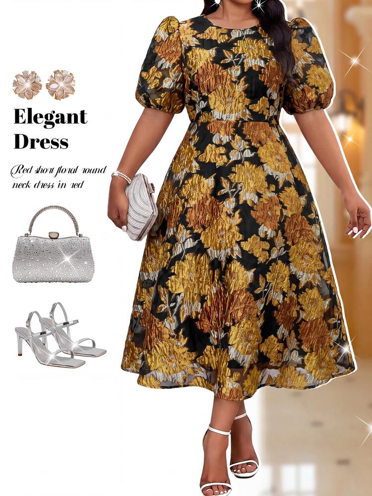 Fleurora Plus Size Elegant Casual Party Formal Dinner Christening Guest Dates Jacquard Dress Wedding Black And Gold Summer - Multicolor - View 4
