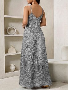 SHEIN Lady Plus Size Floral Print Beach Vacation Wedding Guest Fashion Spaghetti Strap Dress White Summer Bohemian Boho Elegant - Grey - View 2