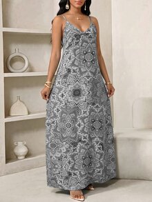 SHEIN Lady Plus Size Floral Print Beach Vacation Wedding Guest Fashion Spaghetti Strap Dress White Summer Bohemian Boho Elegant - Grey - View 4