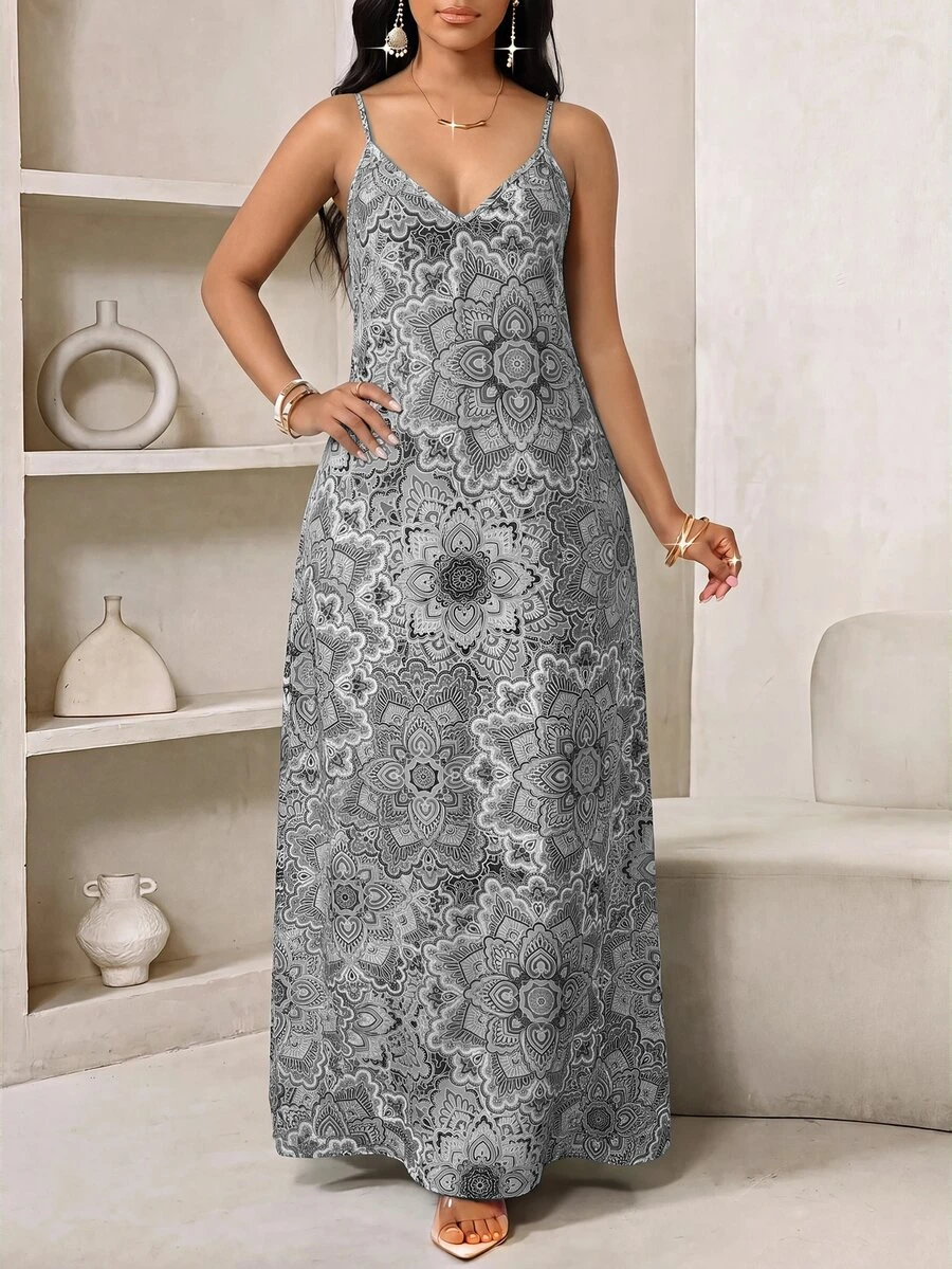 SHEIN Lady Plus Size Floral Print Beach Vacation Wedding Guest Fashion Spaghetti Strap Dress White Summer Bohemian Boho Elegant - Grey - View 1