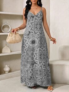 SHEIN Lady Plus Size Floral Print Beach Vacation Wedding Guest Fashion Spaghetti Strap Dress White Summer Bohemian Boho Elegant - Grey - View 3