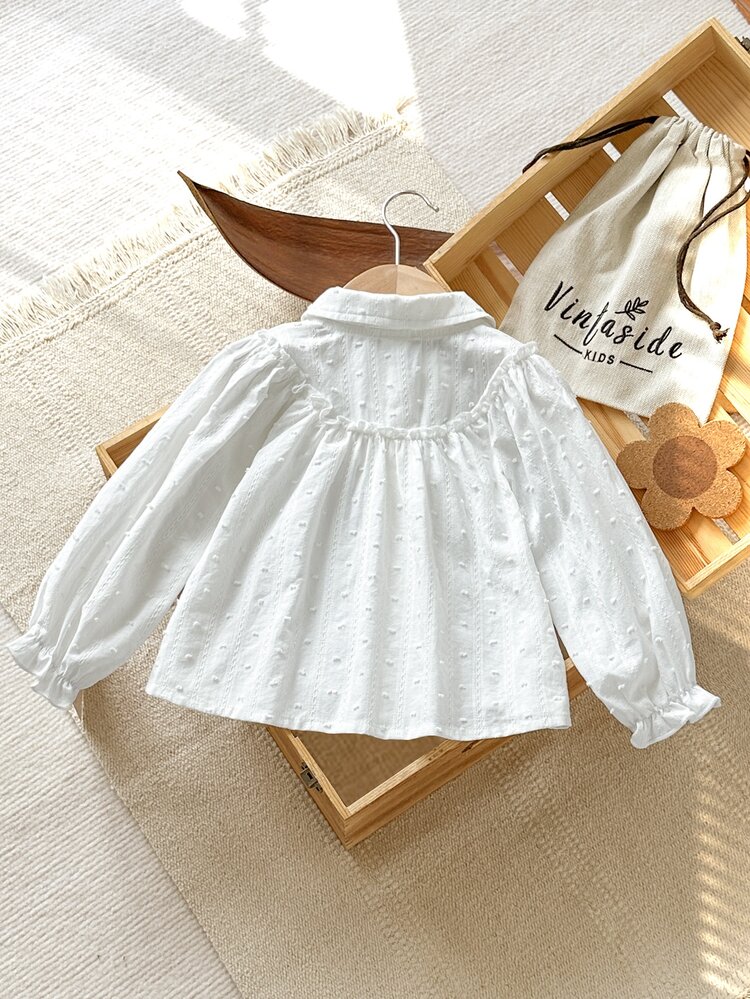SHEIN Vintaside Kids Baby Girls Vintage Swiss Dot Blouse, Peter Pan Collar Red Flower Embroidery Long Puff Sleeve Shirt, Button Down Ruffle Casual Spring Autumn Top - Multicolor - View 2