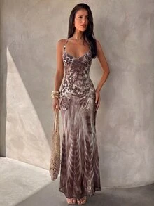 Aloruh Women's Spaghetti Strap Beaded Decor Leopard Print Fitted Long Dress - Coffee Brown - View 6