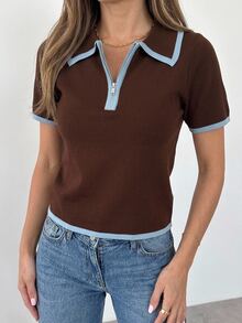 Firerie Women's Colorblock Casual Versatile Daily Wear Knit Short Sleeve Top - Brown - View 3