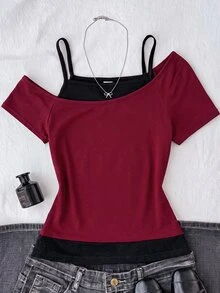SHEIN 青少年女孩休閒極簡 Y2K 風拼接露肩細肩帶上衣，黑色與灰色 T-shirt，適合夏季、度假、休閒穿搭 - 酒紅色 - 查看 1
