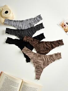Lowkey Lull 5pcs/Set Casual Ruffle Edge Striped Thong Panties Panties Set - Multicolor - View 1