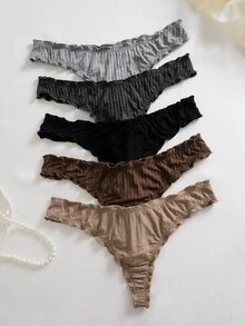Lowkey Lull 5pcs/Set Casual Ruffle Edge Striped Thong Panties Panties Set - Multicolor - View 5