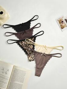 Lowkey Lull 5pcs/Pack Women's Lace Patchwork Bow Tie Leopard Print Thong Panties - Multicolor - View 1