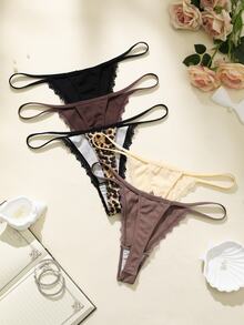Lowkey Lull 5pcs/Pack Women's Lace Patchwork Bow Tie Leopard Print Thong Panties - Multicolor - View 2