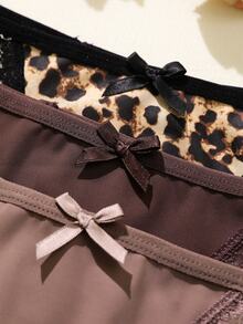 Lowkey Lull 5pcs/Pack Women's Lace Patchwork Bow Tie Leopard Print Thong Panties - Multicolor - View 5