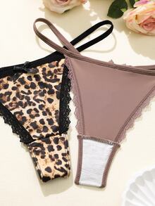 Lowkey Lull 5pcs/Pack Women's Lace Patchwork Bow Tie Leopard Print Thong Panties - Multicolor - View 3