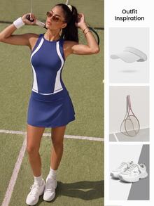 CourtClass CourtClass Women's 2 Pieces Colorblock Sports Set, Hollow I-Back Open Back Slim Fit Fitness Outdoor Racket Sports Golf Skirt Set - Navy Blue - View 7