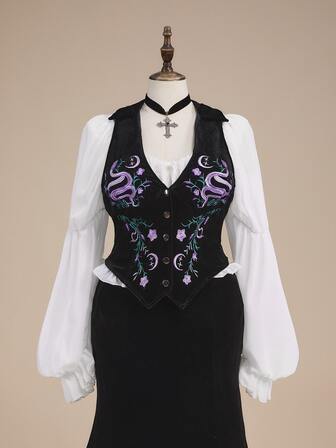 Fairycore Große Größen Herbst/Winter Vintage Mori Stil Blumenbestickte Samt Weste