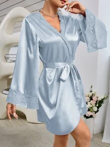 Côtesoire Women's Elegant Solid Color Lace Patchwork Bell Sleeve Robe, For Autumn Luxe Loungewear, Cozy And Elegant Details, Fall & Winter - Baby Blue - View 6