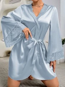 Côtesoire Women's Elegant Solid Color Lace Patchwork Bell Sleeve Robe, For Autumn Luxe Loungewear, Cozy And Elegant Details, Fall & Winter - Baby Blue - View 7