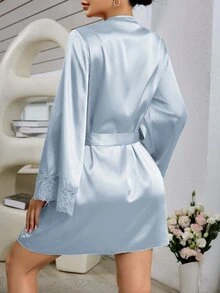 Côtesoire Women's Elegant Solid Color Lace Patchwork Bell Sleeve Robe, For Autumn Luxe Loungewear, Cozy And Elegant Details, Fall & Winter - Baby Blue - View 2