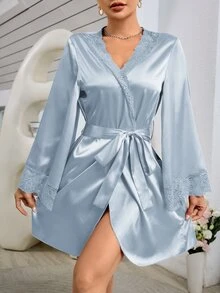 Côtesoire Women's Elegant Solid Color Lace Patchwork Bell Sleeve Robe, For Autumn Luxe Loungewear, Cozy And Elegant Details, Fall & Winter - Baby Blue - View 4
