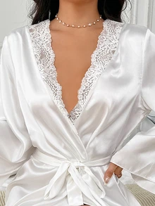 Côtesoire 女士蕾丝边饰腰带睡袍，奢华休闲服饰，舒适优雅细节，秋冬款 - 白色 - 查看 7