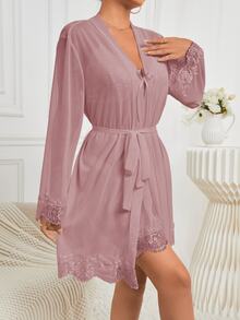 Côtesoire Women's Contrast Lace Long Sleeve Robe And Camisole Dress Sleepwear Set Lace Sleepwear Lingerie Robe Set Lace Robe Nightgown With Robe - Dusty Pink - View 4