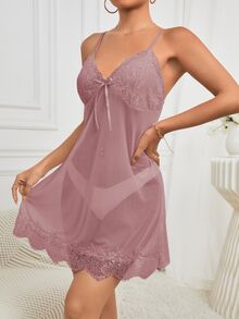 Côtesoire Women's Contrast Lace Long Sleeve Robe And Camisole Dress Sleepwear Set Lace Sleepwear Lingerie Robe Set Lace Robe Nightgown With Robe - Dusty Pink - View 6