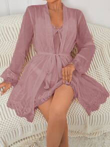 Côtesoire Women's Contrast Lace Long Sleeve Robe And Camisole Dress Sleepwear Set Lace Sleepwear Lingerie Robe Set Lace Robe Nightgown With Robe - Dusty Pink - View 3