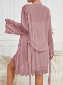 Côtesoire Women's Contrast Lace Long Sleeve Robe And Camisole Dress Sleepwear Set Lace Sleepwear Lingerie Robe Set Lace Robe Nightgown With Robe - Dusty Pink - View 2