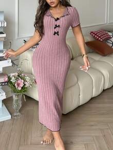 Côtesoire 优雅蝴蝶结撞色罗纹针织连衣裙，女士家居服蝴蝶结 - 藕粉色 - 查看 8