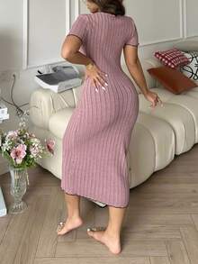 Côtesoire 优雅蝴蝶结撞色罗纹针织连衣裙，女士家居服蝴蝶结 - 藕粉色 - 查看 2