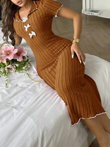 Côtesoire 优雅拼色蝴蝶结针织连衣裙，女士家居服 - 橘色 - 查看 4