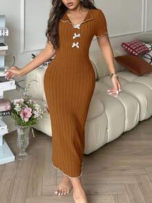 Côtesoire 优雅拼色蝴蝶结针织连衣裙，女士家居服 - 橘色 - 查看 7