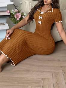 Côtesoire 优雅拼色蝴蝶结针织连衣裙，女士家居服 - 橘色 - 查看 6