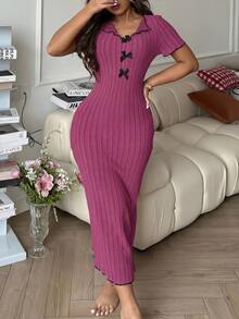 Côtesoire Elegant Bow Contrast Color Knitted Dress, Women Loungewear - Hot Pink - View 7