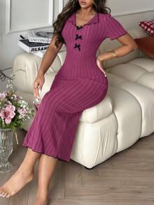 Côtesoire Elegant Bow Contrast Color Knitted Dress, Women Loungewear - Hot Pink - View 5