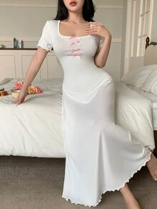 Côtesoire 优雅蝴蝶结撞色女式睡衣连衣裙 - 白色 - 查看 8