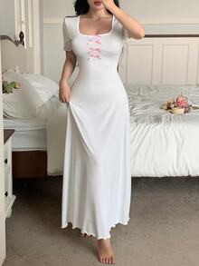 Côtesoire 优雅蝴蝶结撞色女式睡衣连衣裙 - 白色 - 查看 4