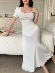 Côtesoire 优雅蝴蝶结撞色女式睡衣连衣裙 - 白色 - 查看 5