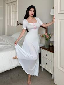 Côtesoire 优雅蝴蝶结撞色女式睡衣连衣裙 - 白色 - 查看 6